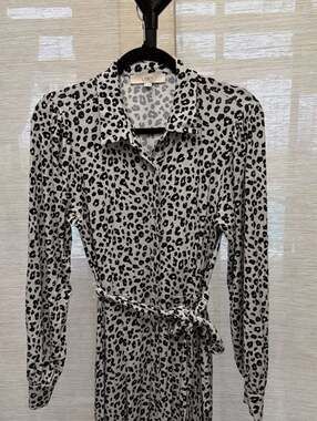 LOFT Leopard Print Long Sleeve Belted Midi Shirt Dress